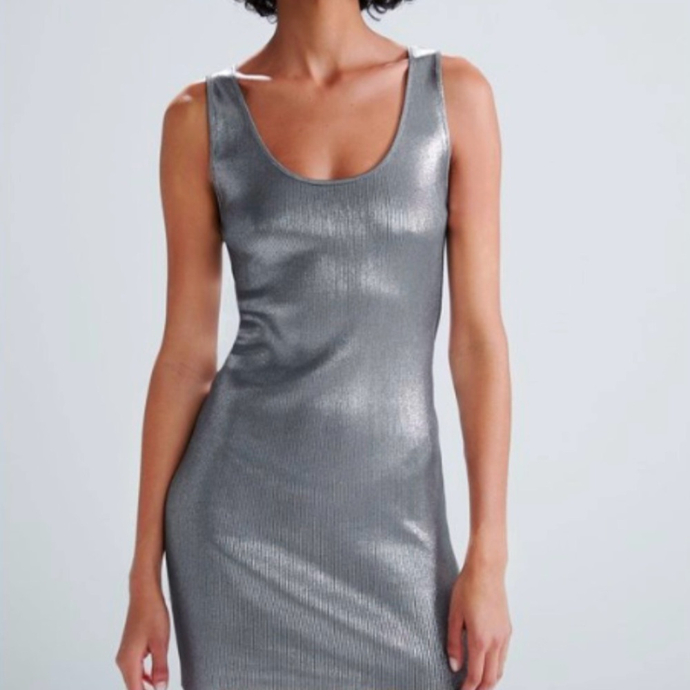 ZARA Silver Metallic Ribbed Mini Dress